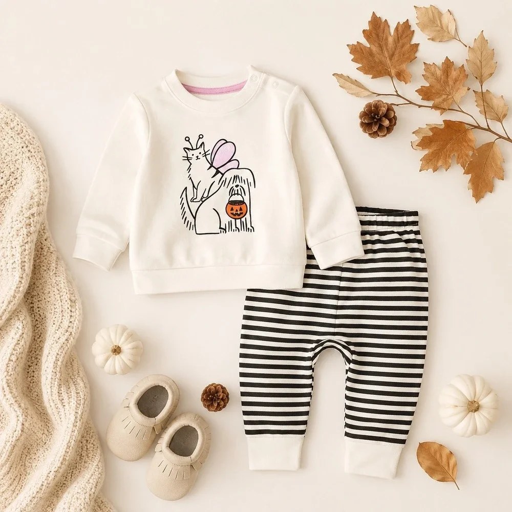 Cat & Jack Baby Halloween Sweatshirt and Striped Joggers Set Cream Black 6M